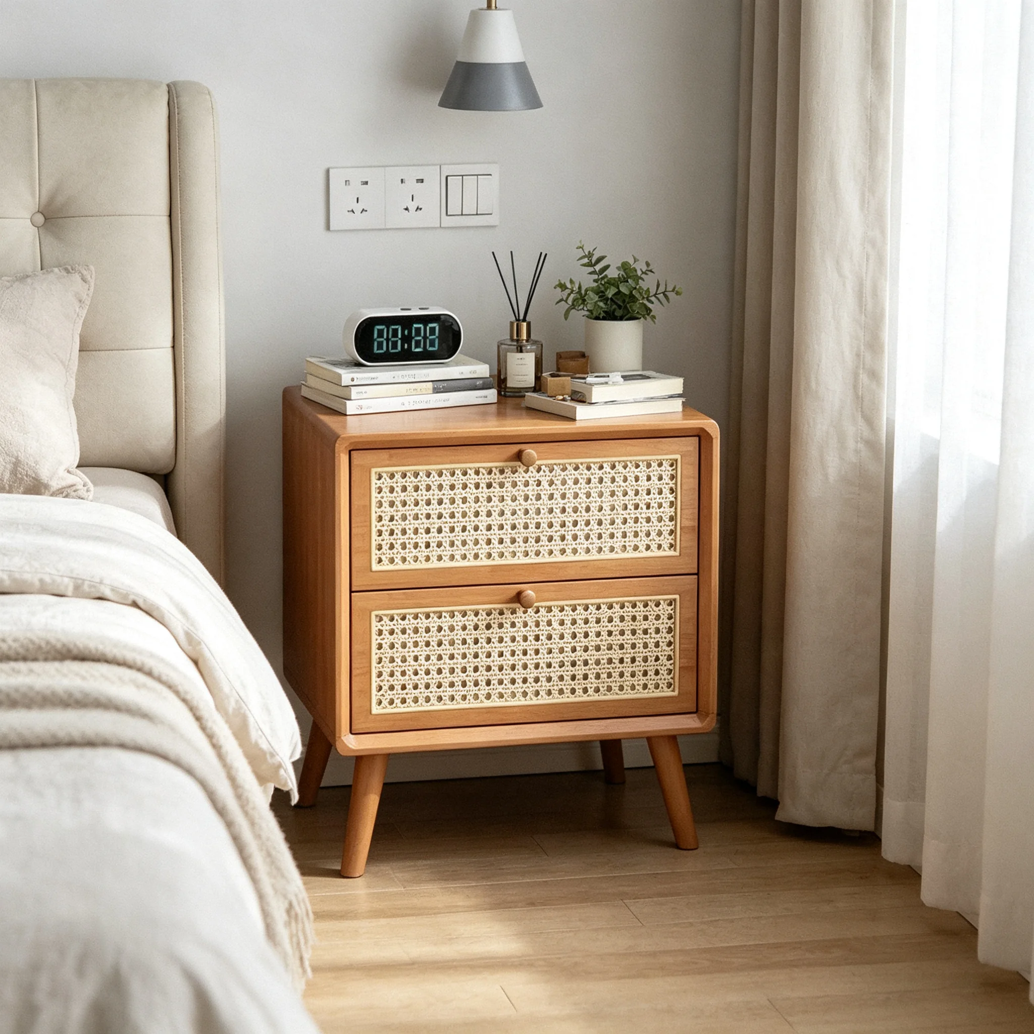 AOLIVIYA Cherry Rattan Solid Wood Nightstand Bedside Storage Cabinet Nordic Walnut Unit Table