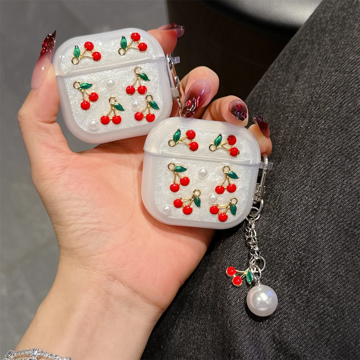 حافظة براعم أذن بتصميم كرز لؤلؤي ثلاثي الأبعاد إبداعي لطيف لأجهزة Apple Airpods Pro 2 مع سلسلة مفاتيح، غطاء سماعة الرأس لأجهزة Airpods 4 3 2 1