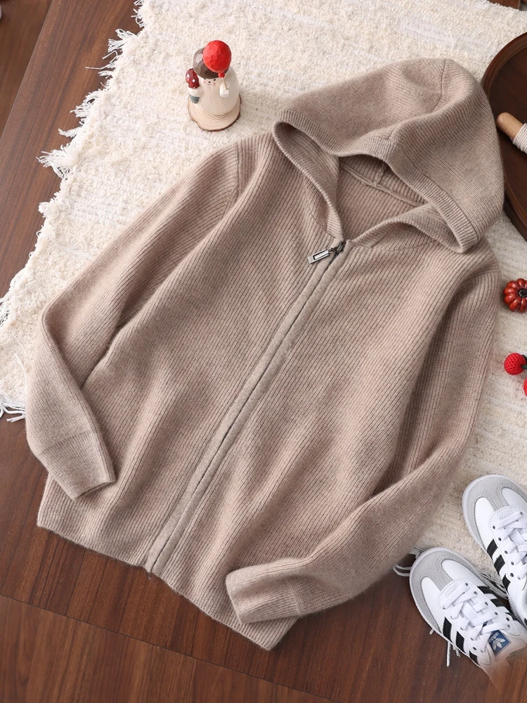 

100% Cashmere Sweater Children Hooded Zippers Cardigan Kids Simple Stripe Jacquard Knitwear Autumn Winter Boy Girl Clothing Tops