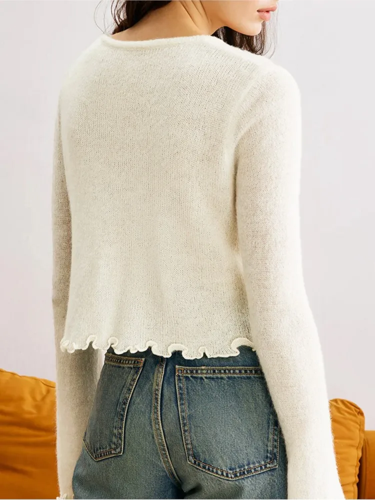 Осенне-зимний новый тонкий пуловер с деревянными ушками и трехмерным цветком, вязаный топ, женский элегантный свитер с круглым вырезом и длинными рукавами