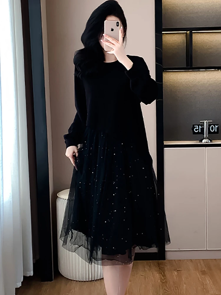 

2025 черное лоскутное сетчатое платье из двух предметов с блестками, осень-зима, облегающее платье с длинными рукавами, женское корейское винтажное праздничное платье
