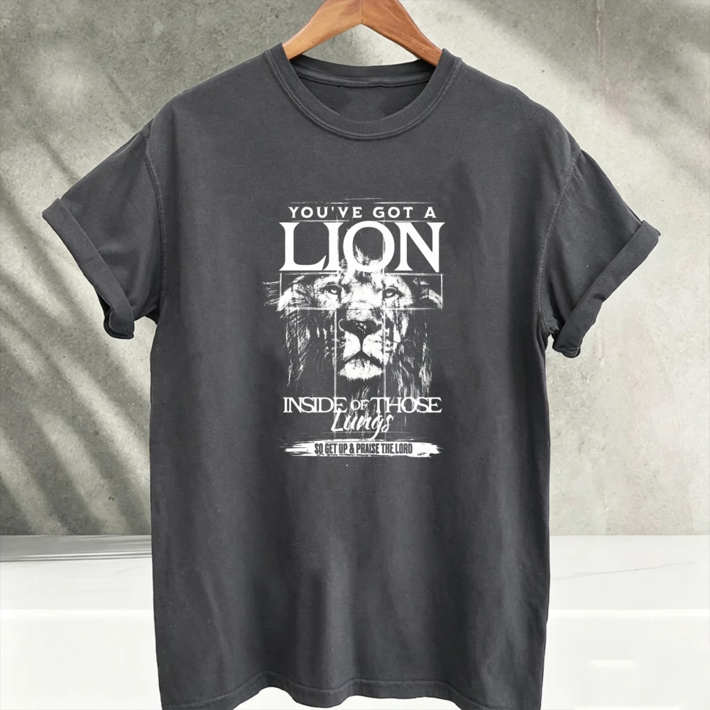 You've Got A Lion Inside Those Lungs Vintage Lion Graphic Tshirt Motivational Quote Print Casual Cotton Crew Neck Streetwear Tee