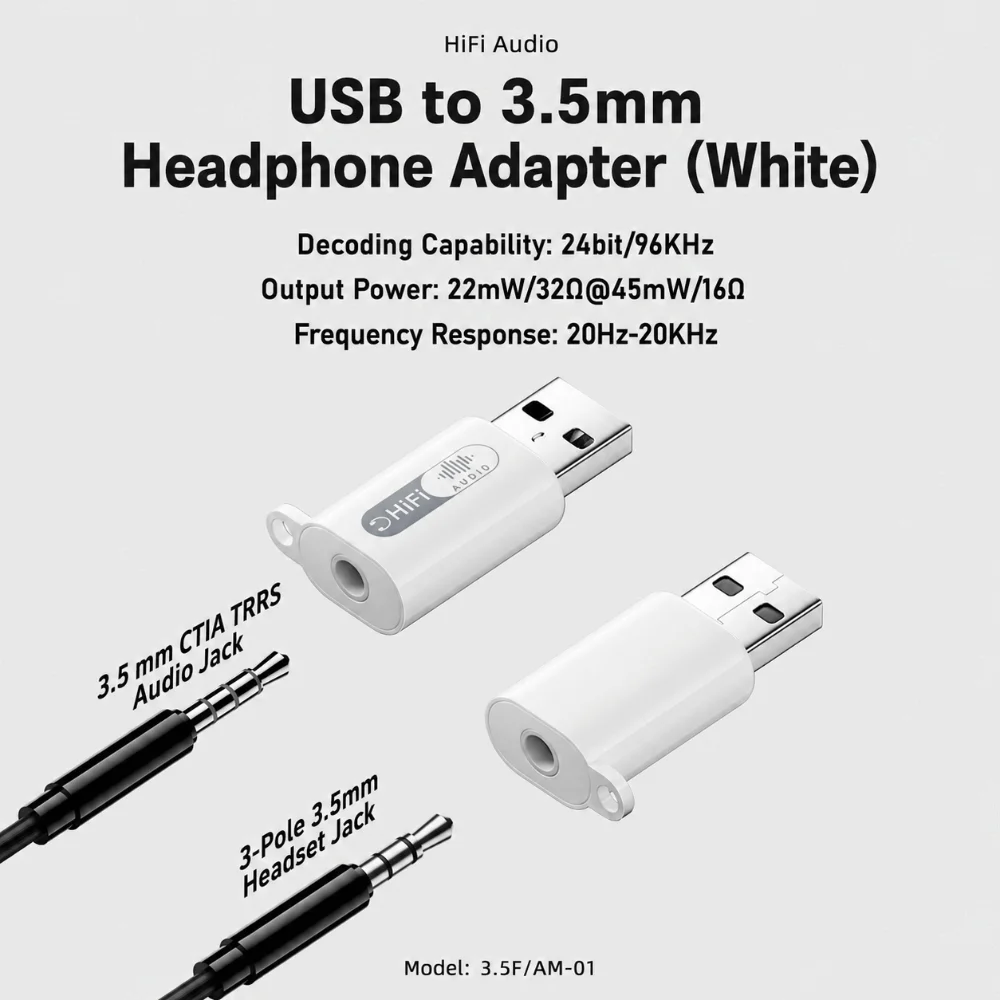 24bit 96KHz USB to 3.5mm Headphone Converter HiFi Ctia TRRS USB Audio Adapter Driver Free In-Line Control
