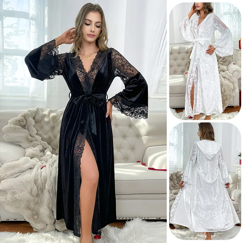Female Long Kimono Bathrobe Gown Spring Autumn Hooded Velour Robe Sleepwear Loose Casual Home Dress Loungewear
