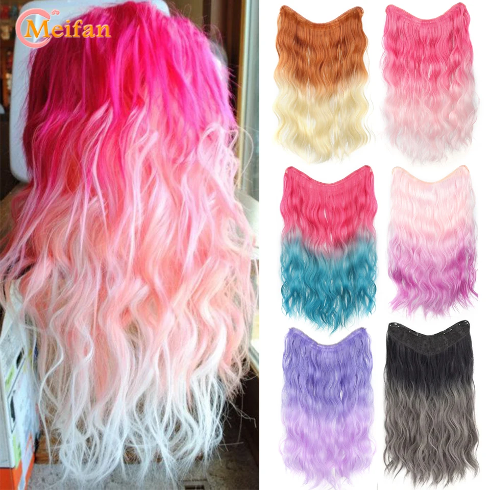 MEIFAN Long Water Wavy Culry U-Shaped Fake Hairpiece Synthetic Half Head Wig for Women Black Ombre Pink Purple Fake Hair Pieces