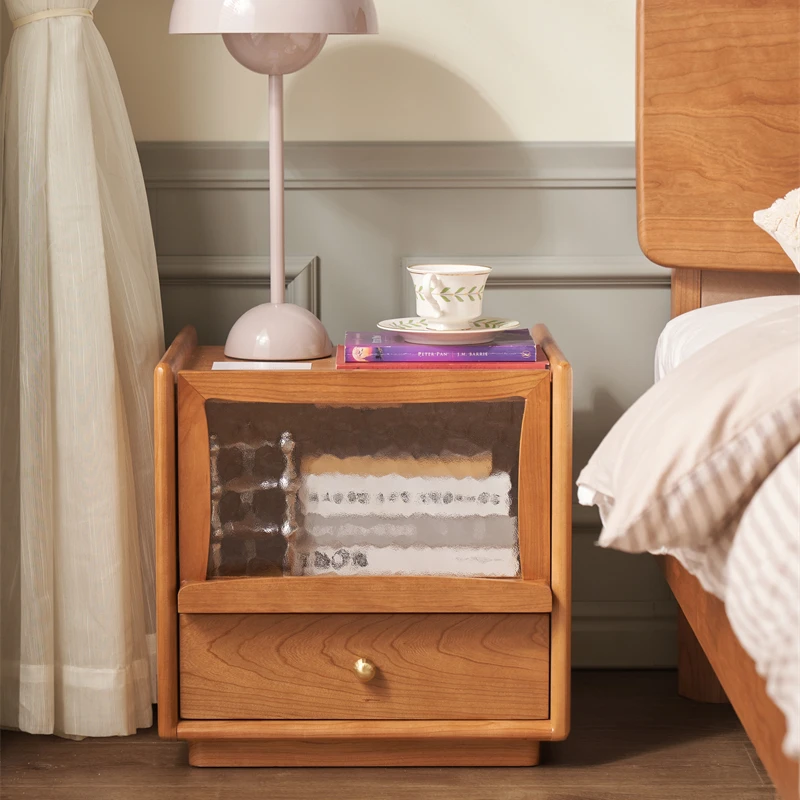 

Luxurious Wooden Bedroom Furniture Cherry Wood Storage Drawers Glass Door Nightstand Bedside Table