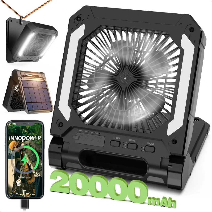 

20000mAh Portable Fan Rechargeable with Solar Panel 2in1 3 Speeds Cordl Battery Powered Fan with Led Lantern Timer Quiet USBC T
