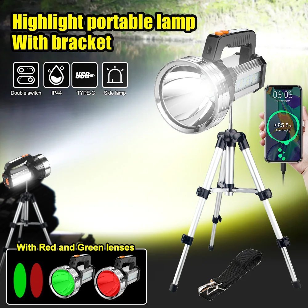 Super Bright LED Searchlight USB Rechargeable Flashlight Outdoor Handheld LED Spotlight Floodlight Torch Lamp Work Light Tripod