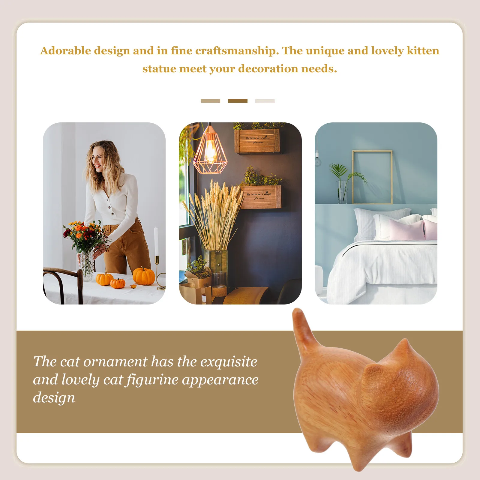 Estatua de Gato de Madera Premium, Textura de Madera Natural, Adorable Escultura de Gatito, Decoración para el Hogar, Estatua de Animal Tallada para Dormitorio o Sala de Estar
