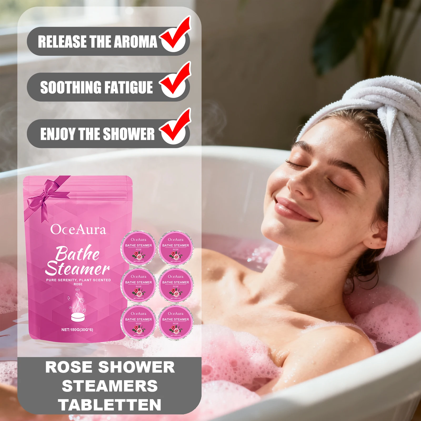 

OCEAURA Rose Shower Tablets Penetrates Skin Accelerating Blood Circulation Revitalizing Body Relieves Nervous Mind Promote Sleep