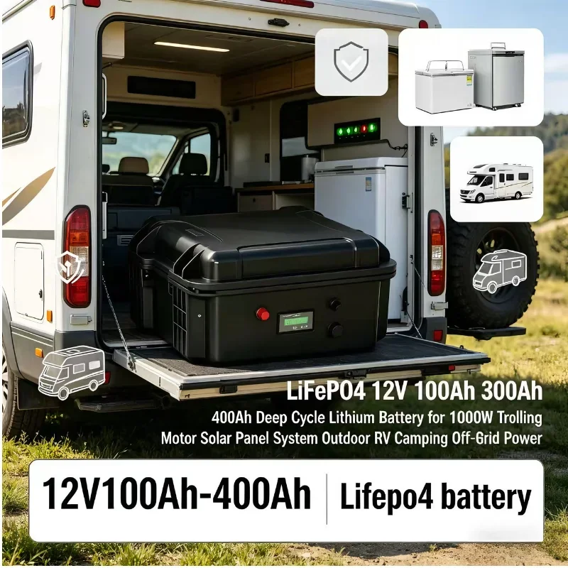 12V LiFePO4 Deep Cycle Battery (100Ah/200Ah/300Ah/400Ah) Rechargeable Lithium Iron Phosphate Battery with BMS. Versatile for Sol