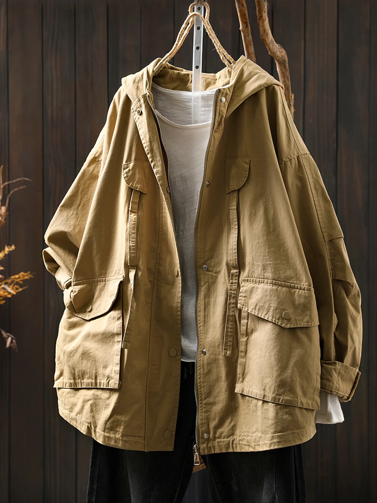 เสื้อโค้ทกันฝนลำลองสำหรับผู้หญิง รุ่นใหม่ล่าสุด ฤดูใบไม้ร่วง 2025 สไตล์วินเทจ สีพื้น กระเป๋าใหญ่ ทรงหลวม ผ้าฝ้าย รุ่น M1896