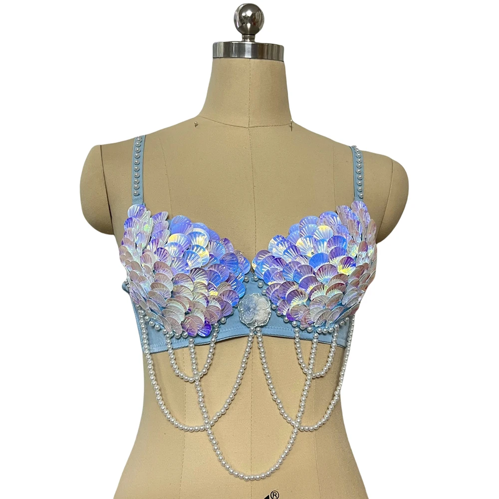 New Original Handmade Mermaid Belly Dancing Bra For Women Sequins Shell Bra For Rave Dance Sexy Night Party Top BRA Outfit Wear
