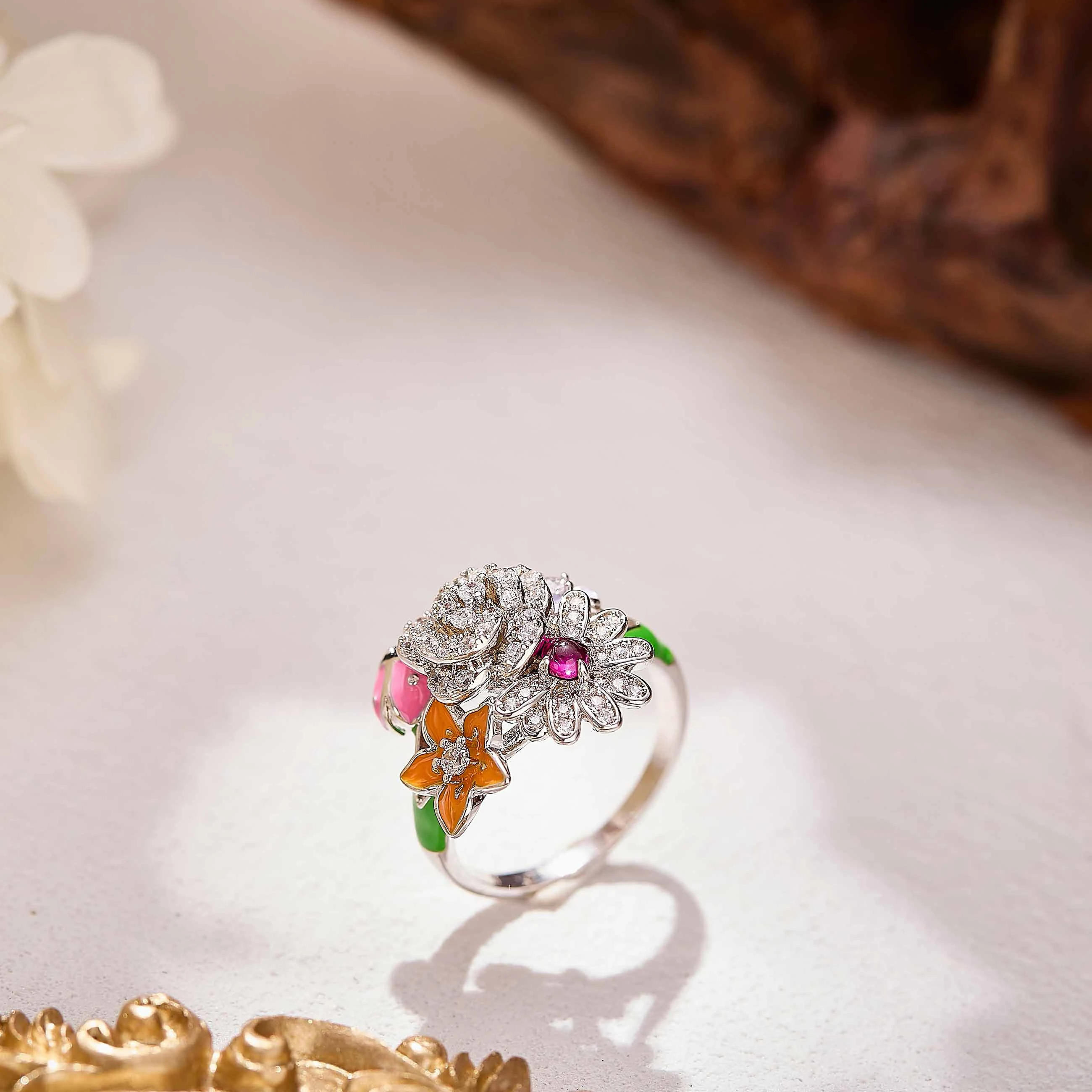 

Eyer Luxury Romantic Charming Flower Necklace Earring Rings Small Set Inlay AAA Zircon For Lady Party Dating Jewelry