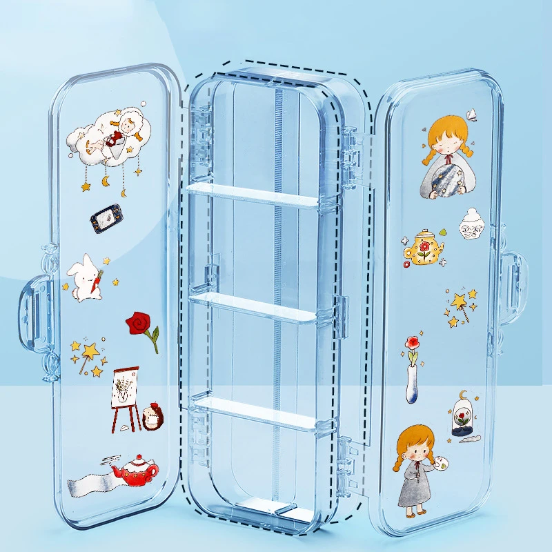 Kawaii Double Layer Transparent Pencil Case Multifunction Kids Pen Stationery Box Large Capacity School Office Storage Organizer