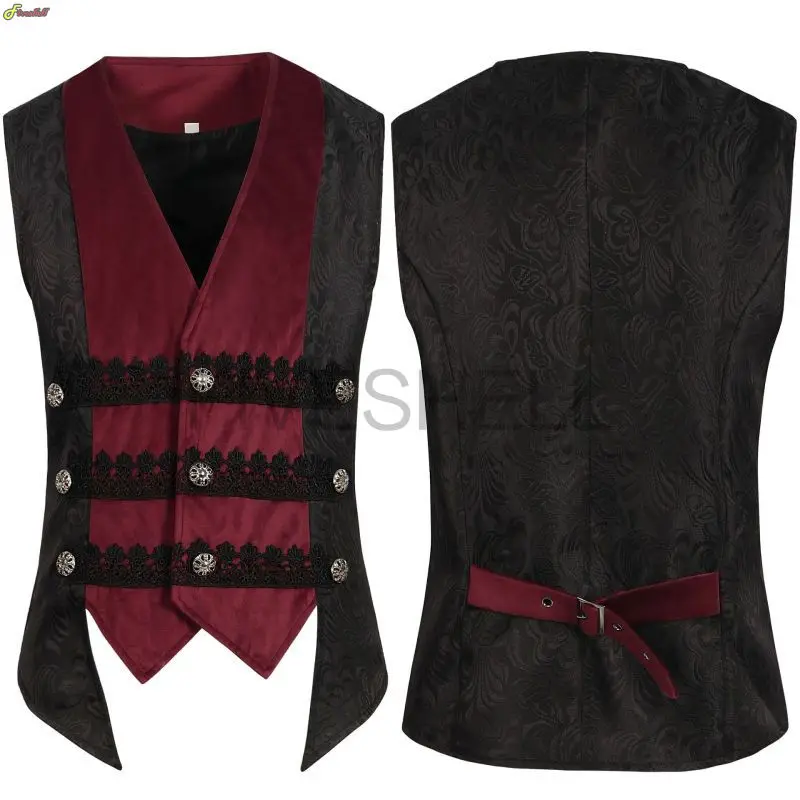 

New Men's Victorian Gothic Suit Cosplay Vest Medieval Steampunk Patchwork Jacquard Single Breasted Waistcoat Halloween Costume