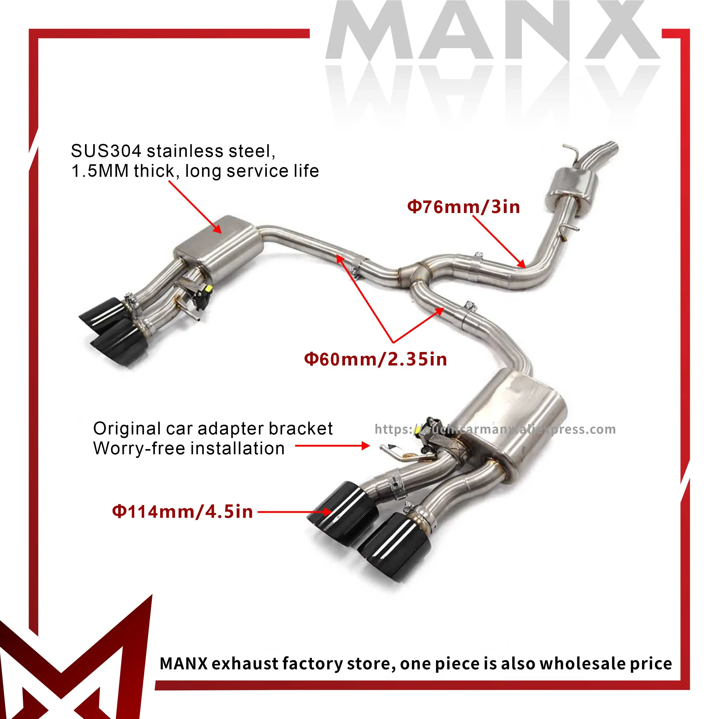 

MANX Car Exhaust System for VW Golf MK8R 2.0T Stainless steels Catback Performance exhaust pipe Muffler with remote control valv