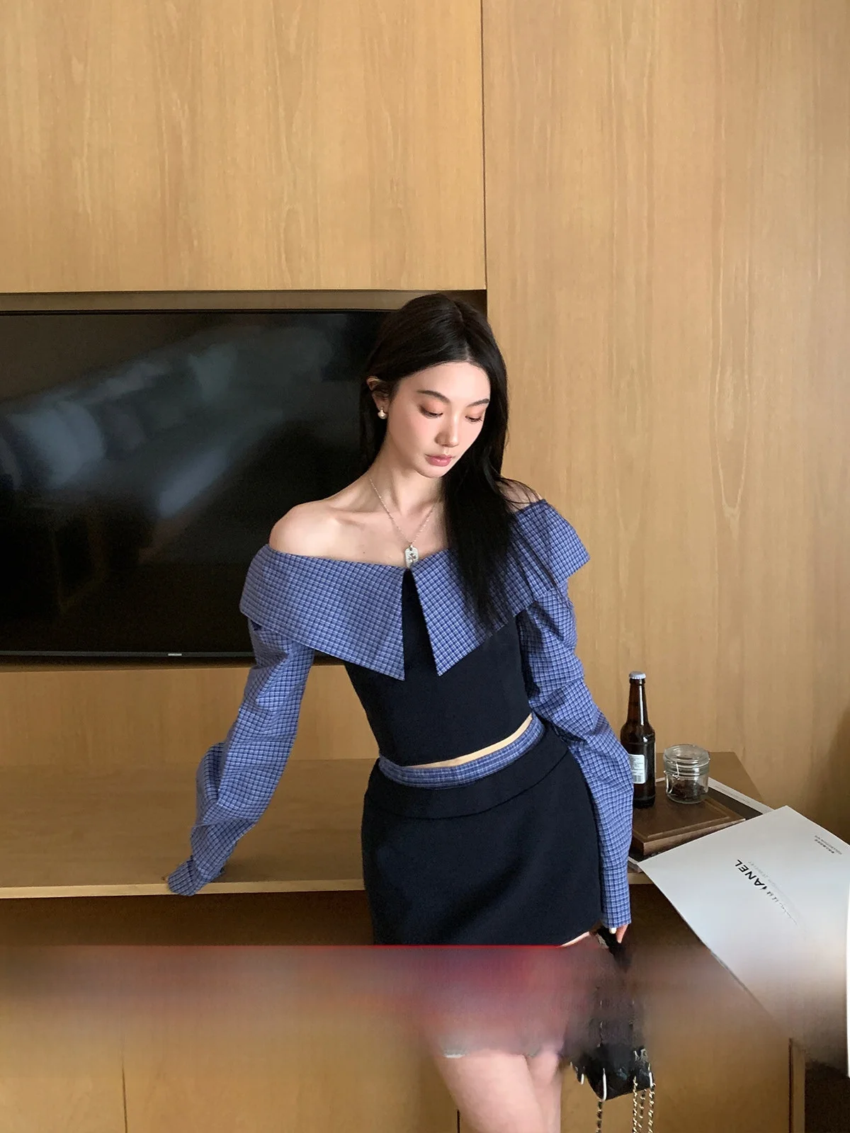 

Ouyang Plaid Long Sve irt Women's Summer Design Sensation Retro Patchwork One oulder Top Breathable Cotton Busin Sle