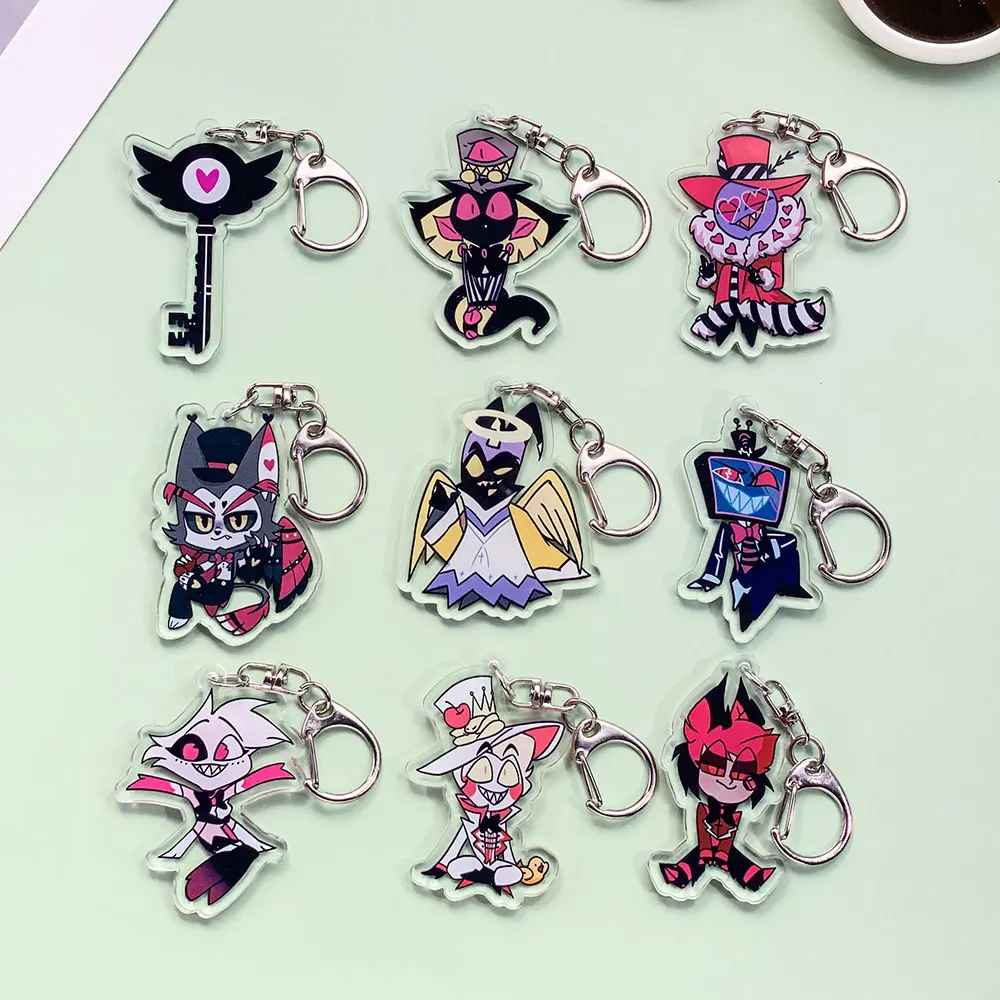 شخصيات كرتونية هازبين فندق أكريليك سلسلة مفاتيح سيارة إبداعية إكسسوارات حقيبة ساحرة على ظهره قلادة حلقة رئيسية هدايا للأصدقاء