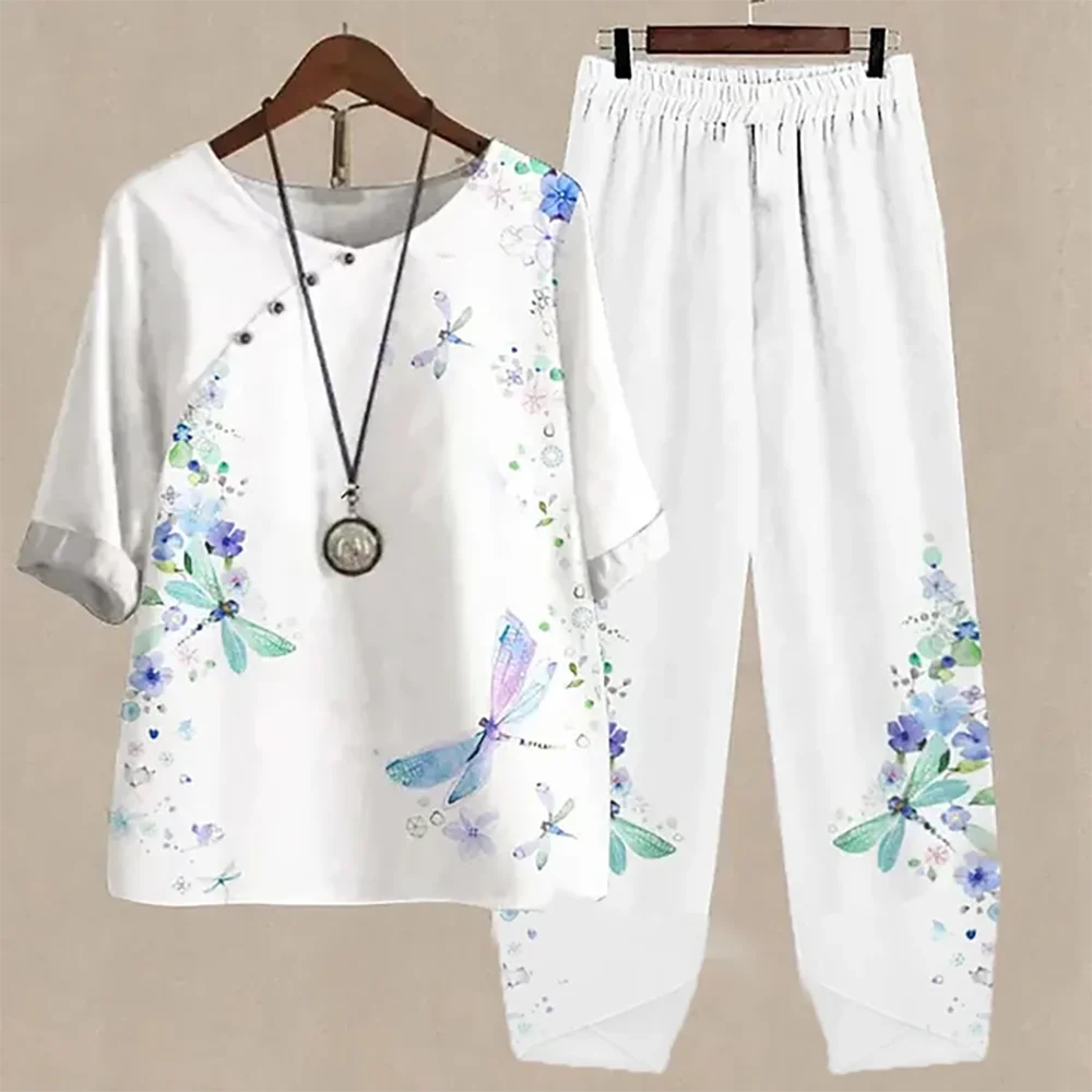 New Summer Two Piece Sets White Floral Print Womens Outfits Elegant Ladies O Neck Loose Short Sleeve Shirt High Waist Pants Suit