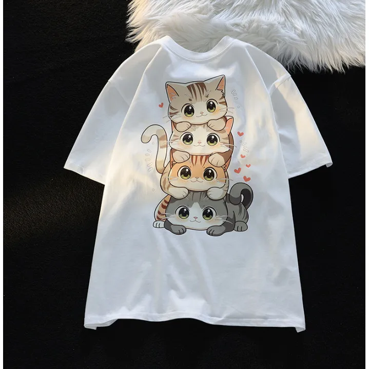 Camiseta con estampado de gato de dibujos animados para mujer, camiseta de manga corta con cuello redondo, camiseta informal holgada versátil de