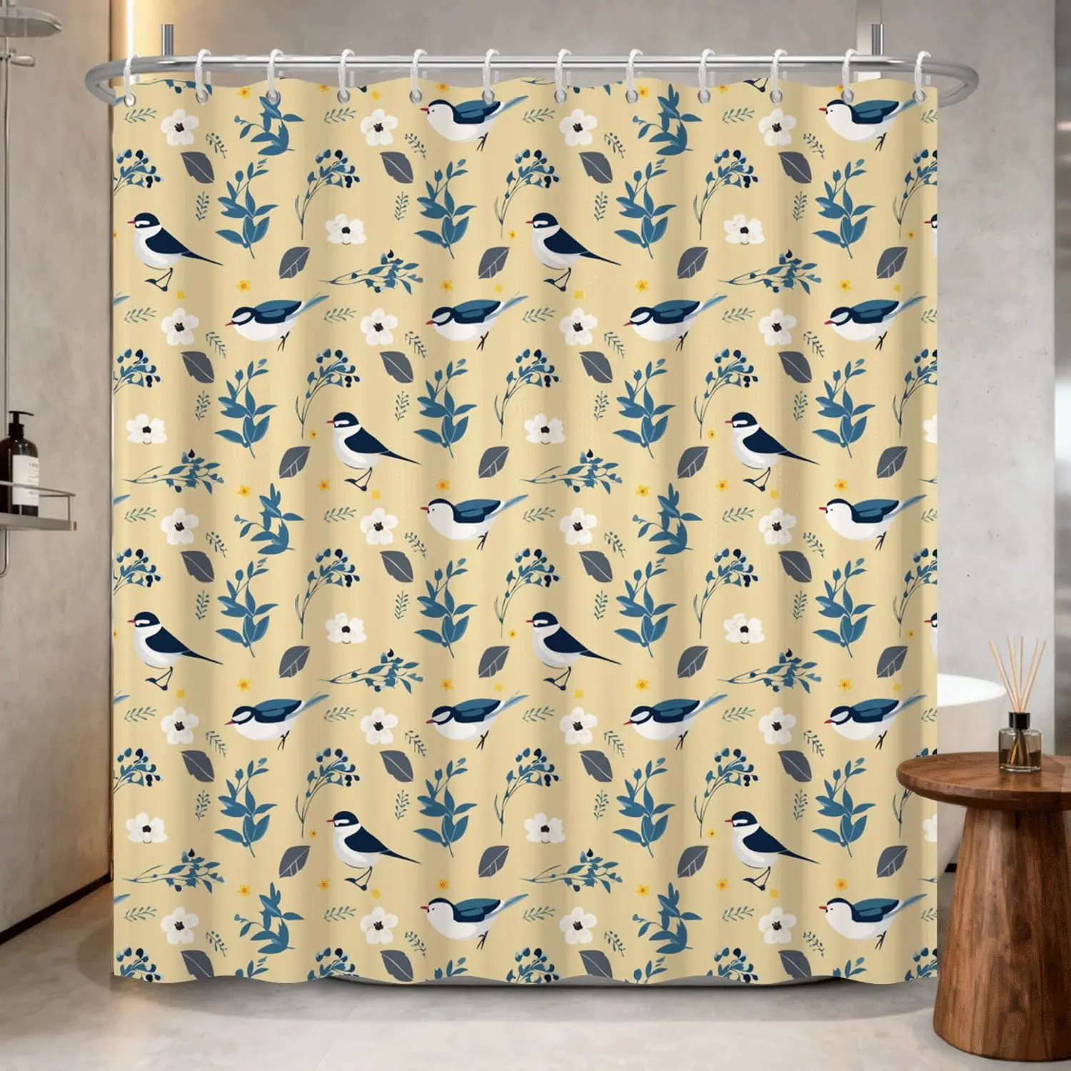 Blue Bird Floral Pattern Shower Curtain Bathroom Decor Nature Inspired Tropical Cute Animal Print Waterproof Shower Curtain