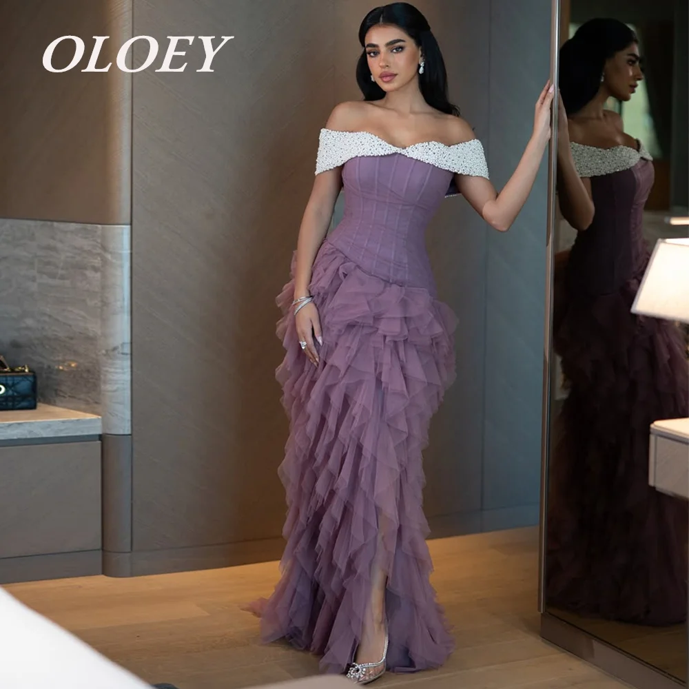 

OLOEY Elegant Beads Off the Shoulder Mermaid Evening Dresses Dark Purple Tulle Multi-layer Prom Dresses Slim Fit Party Gowns