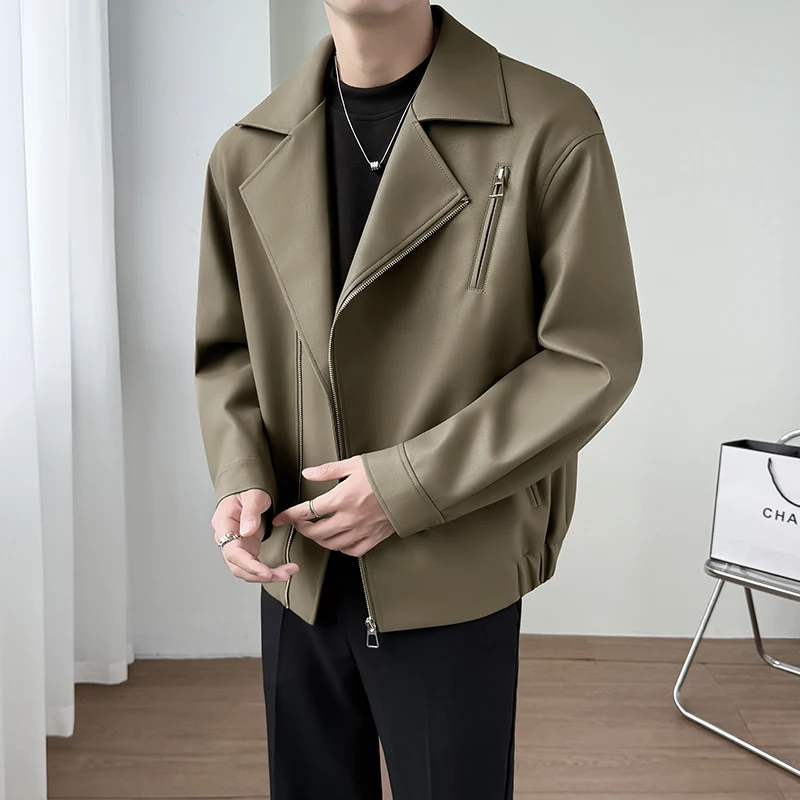 2025 Autumn Winter Thick PU Leather Jacket Men's Slant Zipper Collar Design Motorcycle Jacket Casual Business Leather Jackets