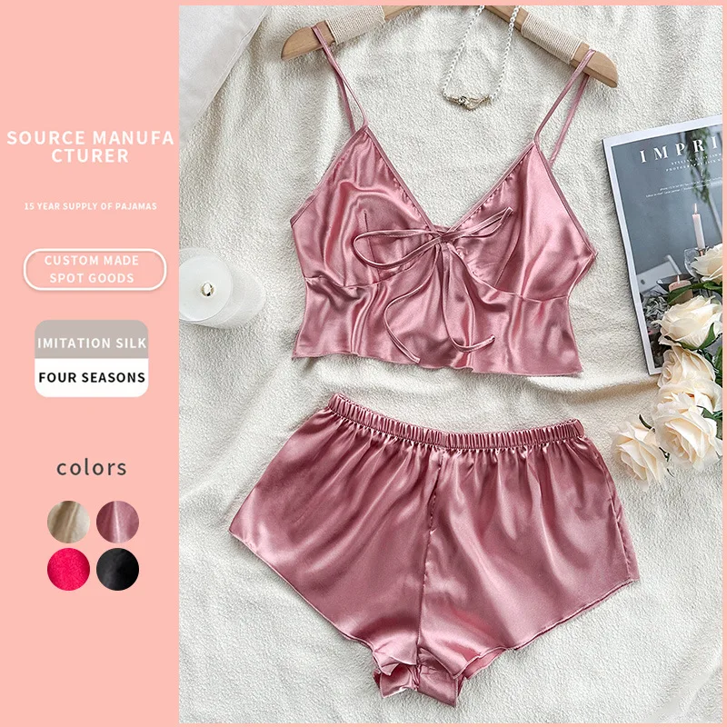 Red Ice Silk Pijamas Sexy Lingerie Lady Summer Night Wear Mini Strap Top&shorts Solid Color Home Clothing 2Pcs Pyjamas Suit