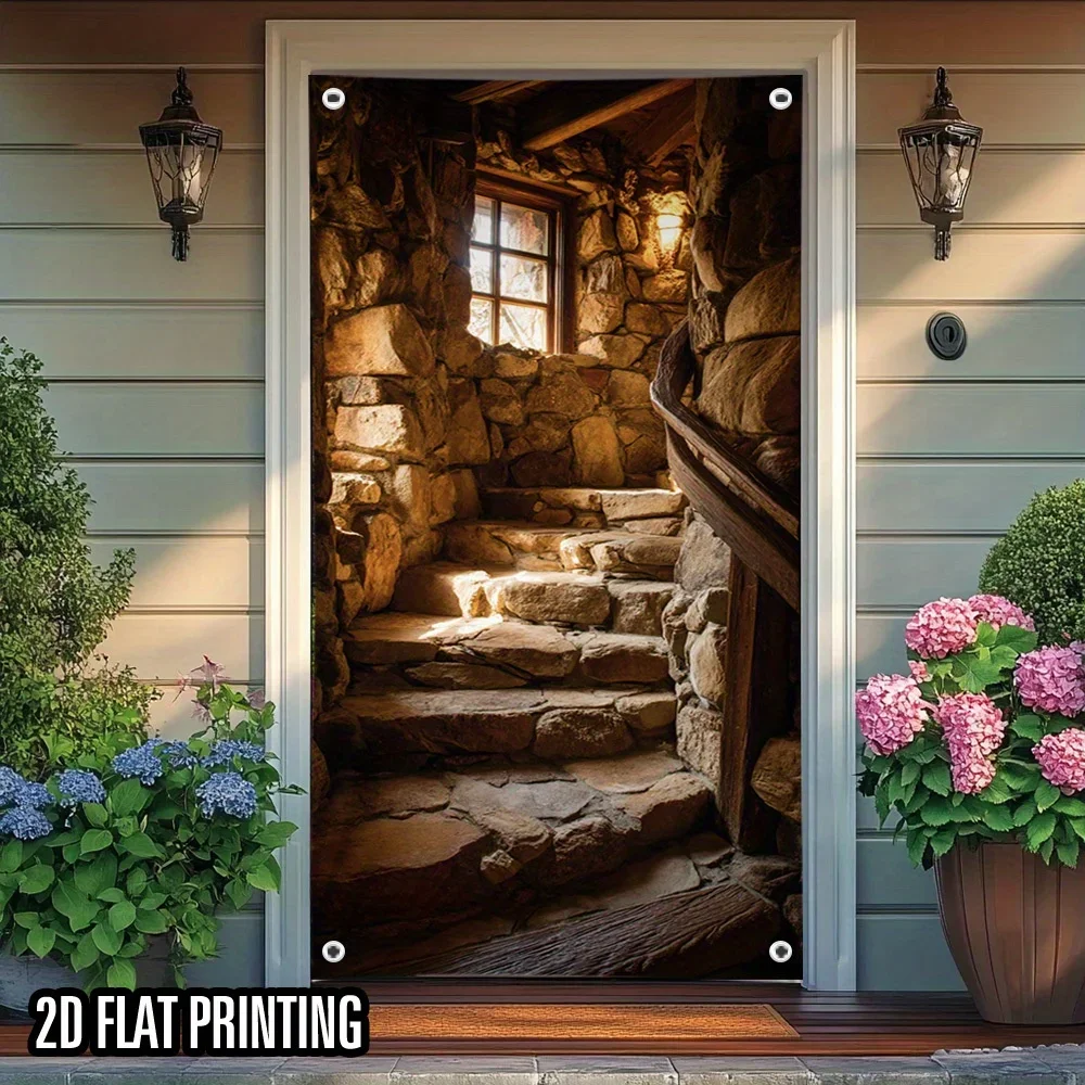 2D Flat Banner, single-sheet printed door cover, featuring a rural stone-step design. Made of polyester.yzb