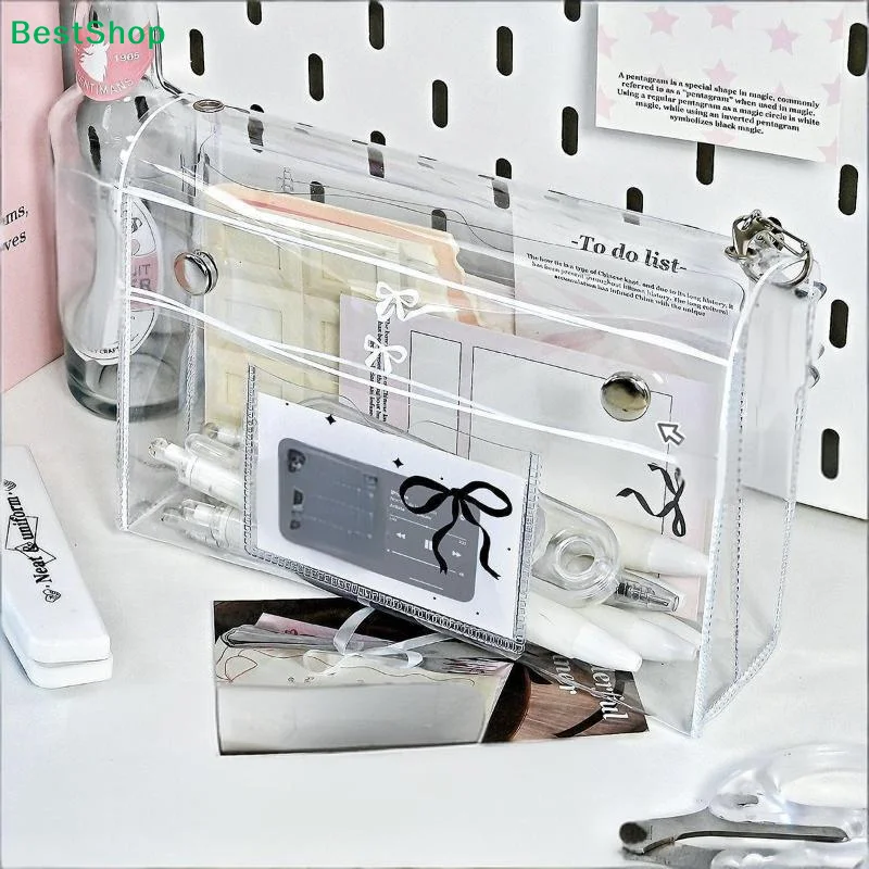 ★1Pcs PVC Transparent Button Pencil Case Large Capacity Vertical Simple Ins Style Student Desktop Finishing Niche Stationery