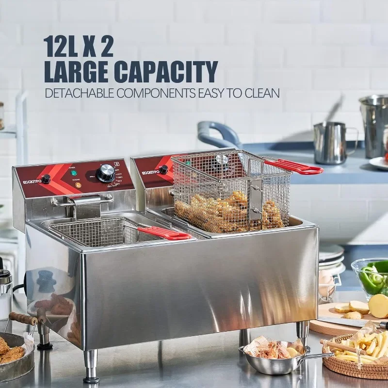 Commercial Deep Fryer 12L x 2 Large Dual Tank Electric Countertop Fryer for Restaurant with 2 Frying Baskets and Lids