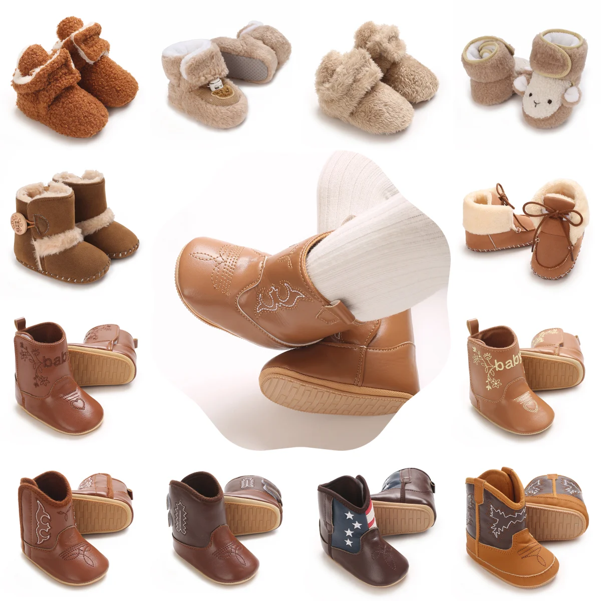 Brown Fashionable and popular baby shoes Western denim midsole boots autumn and winter warm and anti slip casual walking shoes