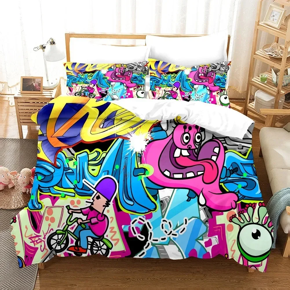 

Cartoon Style Hip-Hop Graffiti 3D Printed Duvet Cover Pillowcase Bedding Set, Teenagers Bedroom Decor Bed Kit，Single_Queen Size