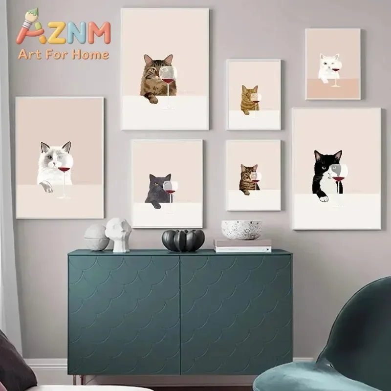 Canvas Painting Funny Cat Poster White Cats Taste Red Wine Cat Lover Gifts Kitchen Wall Art Pictures for Living Room Home Decor
