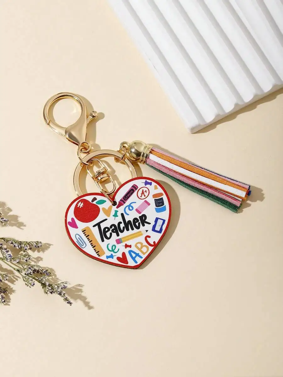 Cute handmade keychain with rainbow wooden plaque apple pen book shapes colorful tassel for graduation teacher gift festival cha