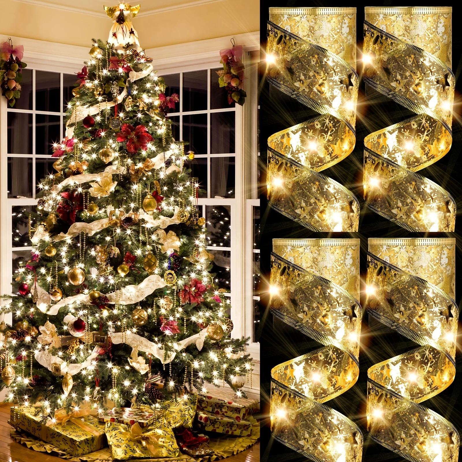 1pc 196.85/393.7inch Kerstversiering Lintlicht, Kerstboom Decoratieve Lichtslingers, Werkt op batterijen