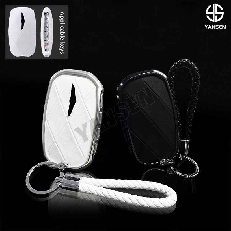 

Aluminum Leather Key Cover Case for Hyundai Genesis G90 GV60 2024 Remote Fob Holder Protective Shell Keychain Accessories