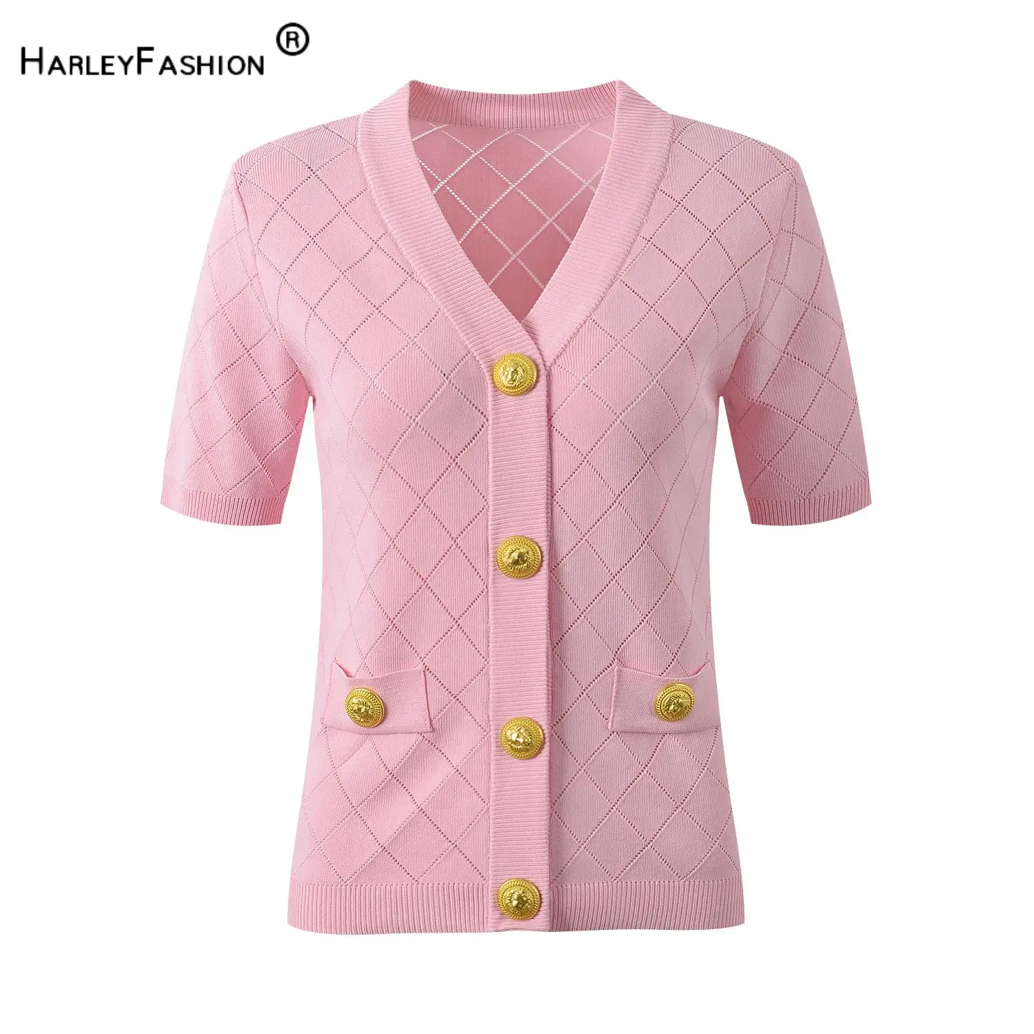 2024 Summer Lady Newest Casual Designed V-neckline Short Sleeve Women Single-breasted Solid Plaid Slim Fitted Knits Cardigan