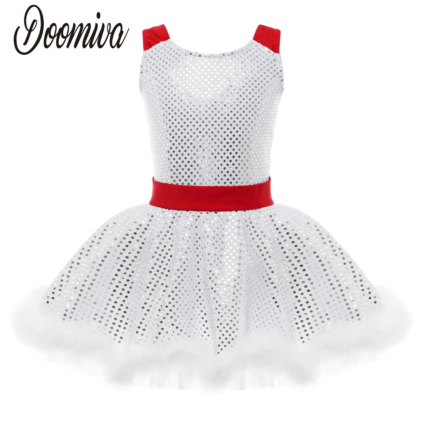 Kids Girls Christmas Dance Santa Claus Costumes Ballet Tutu Dress Shiny Sequin Figure Ice Skating Dresses Performance Dancewear