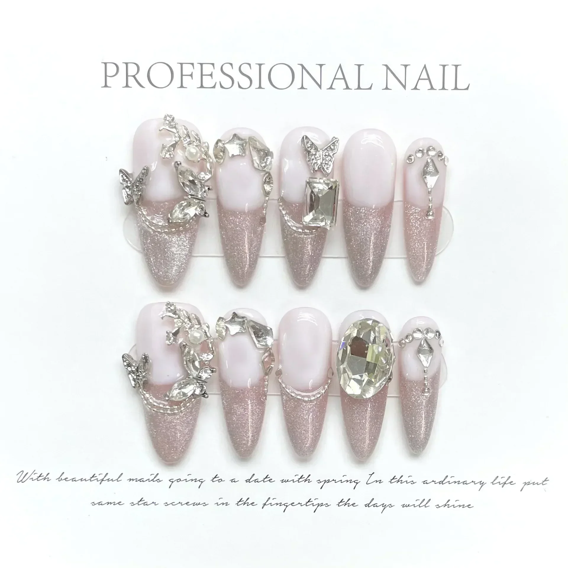 10Pcs Pink Handmade Almond Press on Nails Cat Eye Wearable Rhinestone False Nails Decoration Gradient Manicure Fake Nails Tips