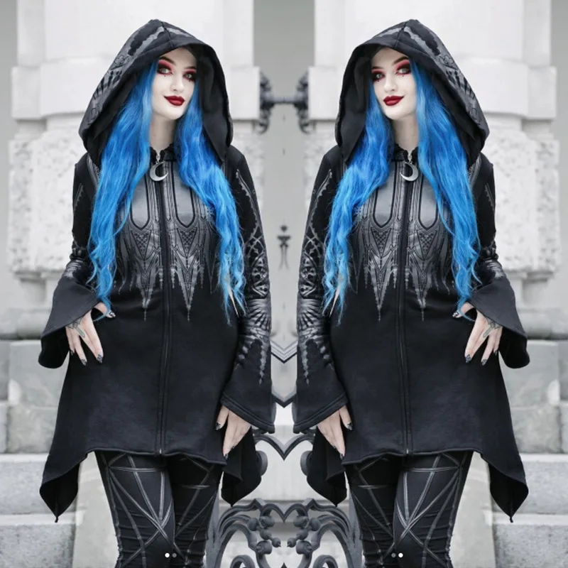 

European American Style Punk Gothic Zip Up Hooded Sweatshirt for Women Autumn Winter Fashion Black Printed Hoodie Y2k Streetwear