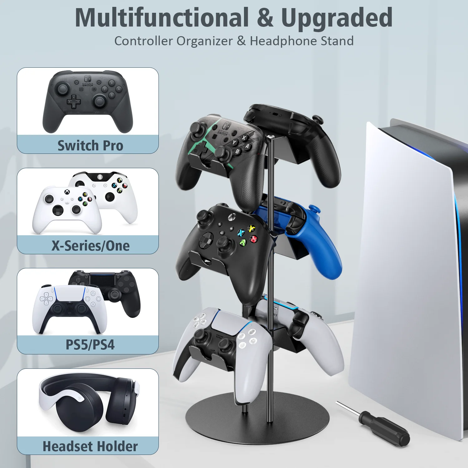 Multi-Purpose Gamepad Holder for PS5/PS4/Switch Controller Stand Bracket Headset Earphone Holder Phone Stand Shelf Hook