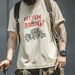 Maden Maden Summer Men's Beige Short Sleeve T-Shirts Vintage Graffiti Letter Car Print Tees Heavyweight Casual  Tops for Men