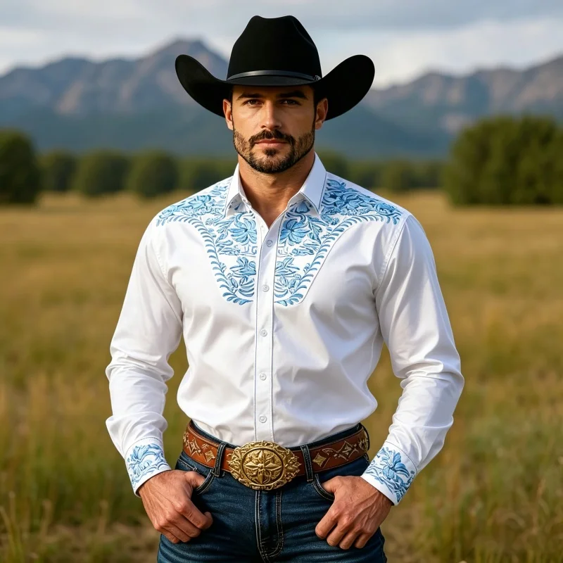 Men's Western Cowboy Floral Embroidered Shirt  Long Sleeve Button Down Slim Fit  Vintage Style Blouse