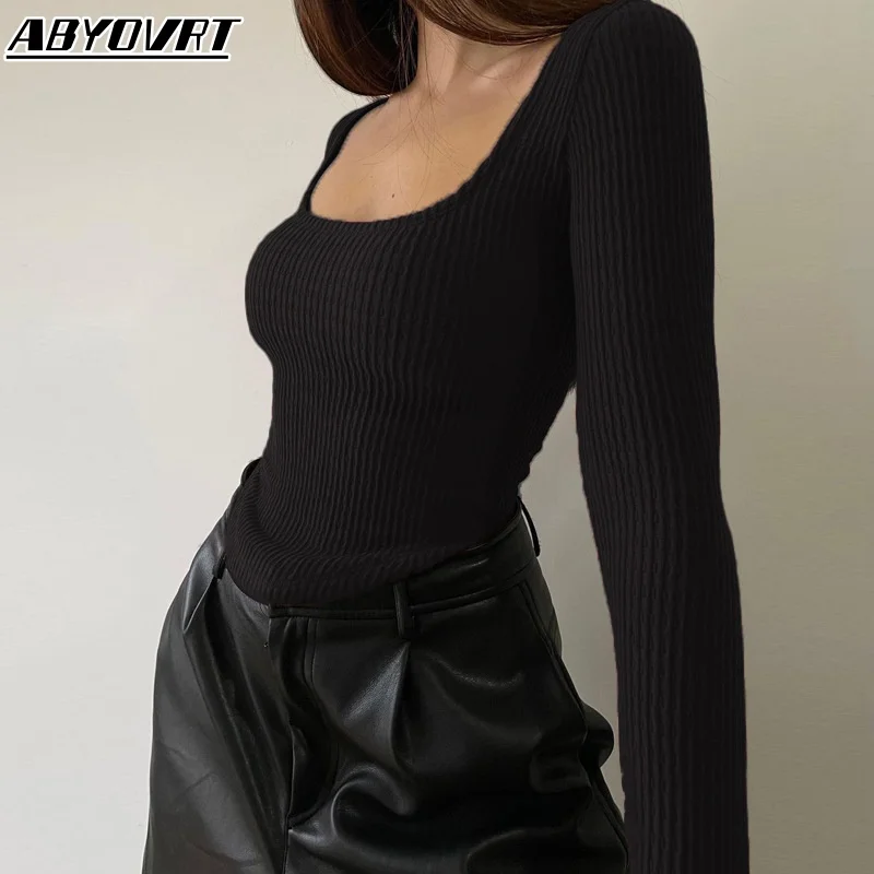 ABYOVRT Spring/Autumn Sexy Slim Fit U-Neck Pit Striped Long sleeved Top T-shirt with Open Navel Solid Color Short Women's Wear