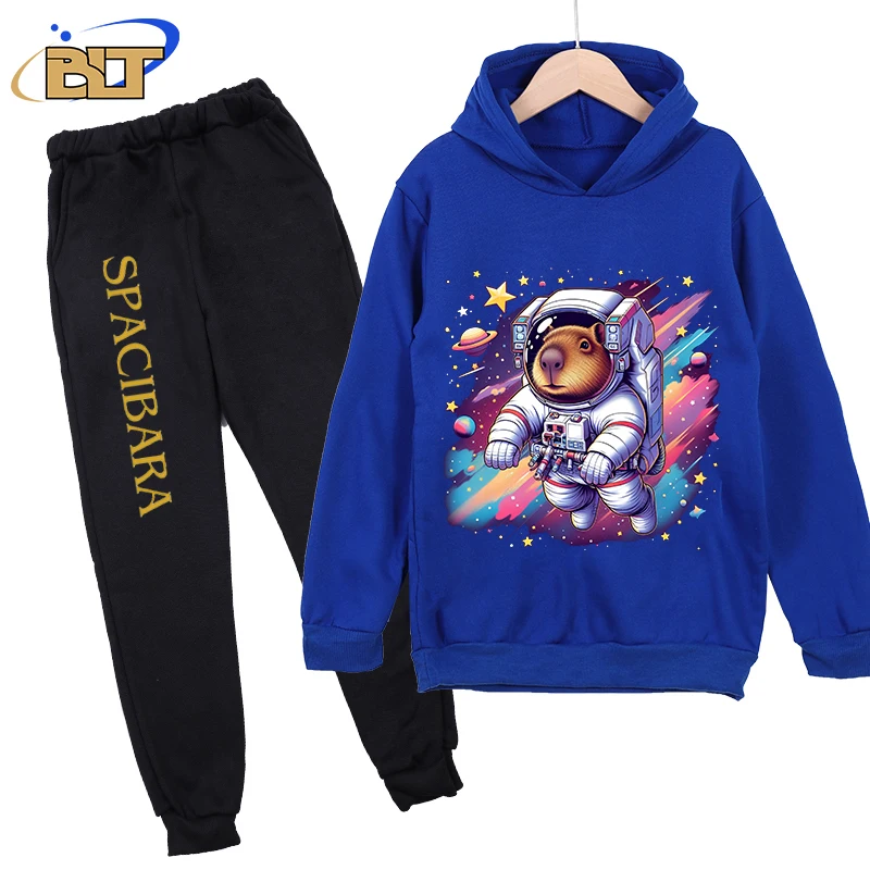 Capybara astronaut children's clothing autumn and winter blue kids velvet hoodie pants 2-piece set casual sports sweater suit