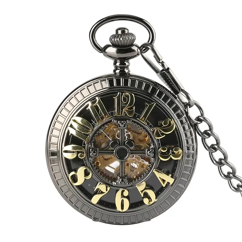 Steampunk Black Pocket Watch Skeleton Automatic Mechanical Watches for Men Women Arabic Number Half Hunter Clock Pendant Chain