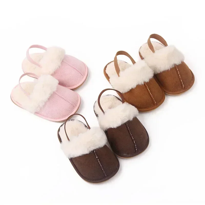 Winter Baby Slippers Fluffy Baby Boy Girl Sandals Cute Flower Embroidery Soft Non-slip Sole Toddler First Toddler Baby Shoes