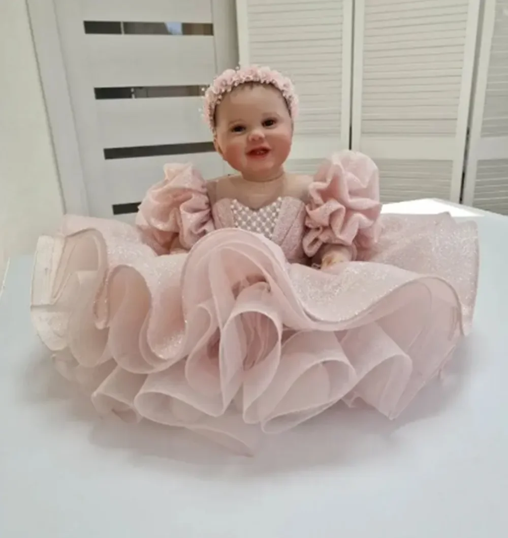 

Customized Pink Flower Girl Dresses For Wedding Pearls Short Sleeves With Bow Puffy Baby Birthday Party First Communion Gown